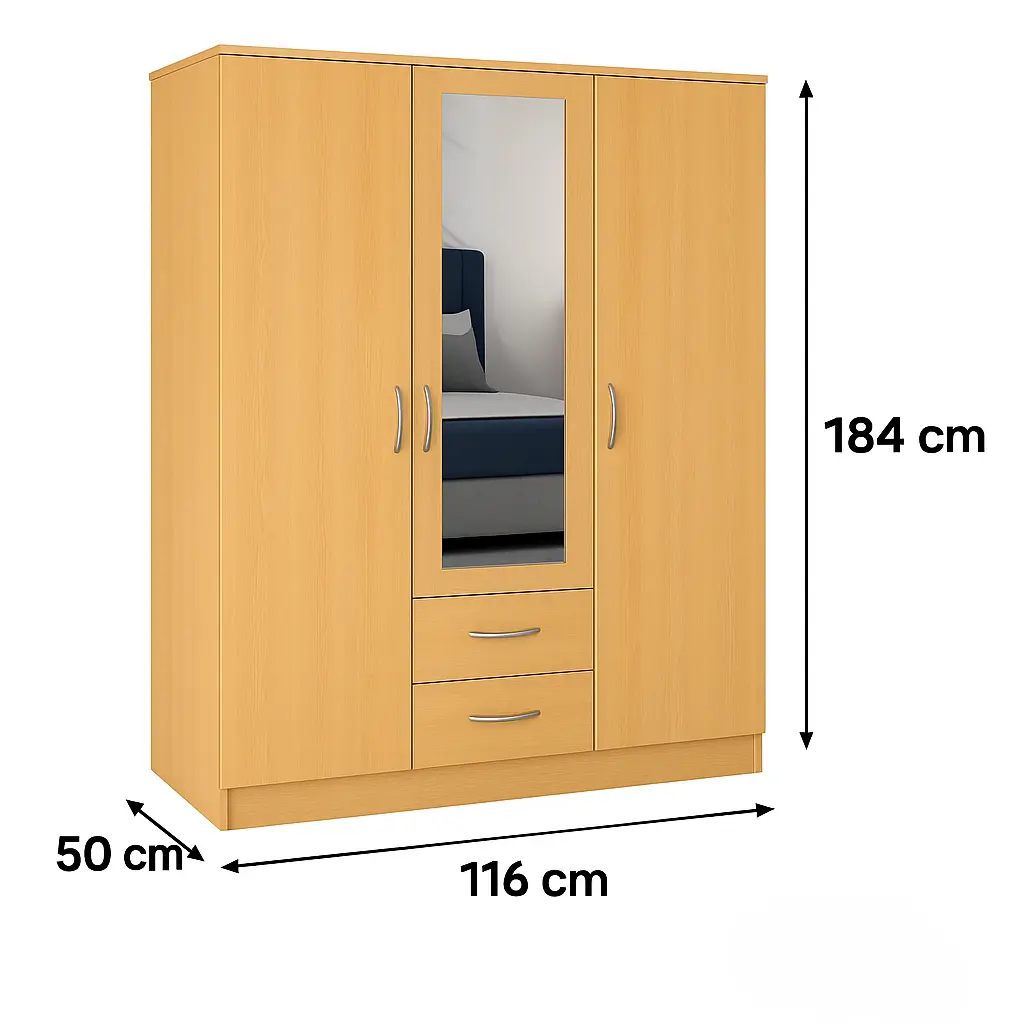 3 door 2 drawer mirrored wardrobe 45 inches