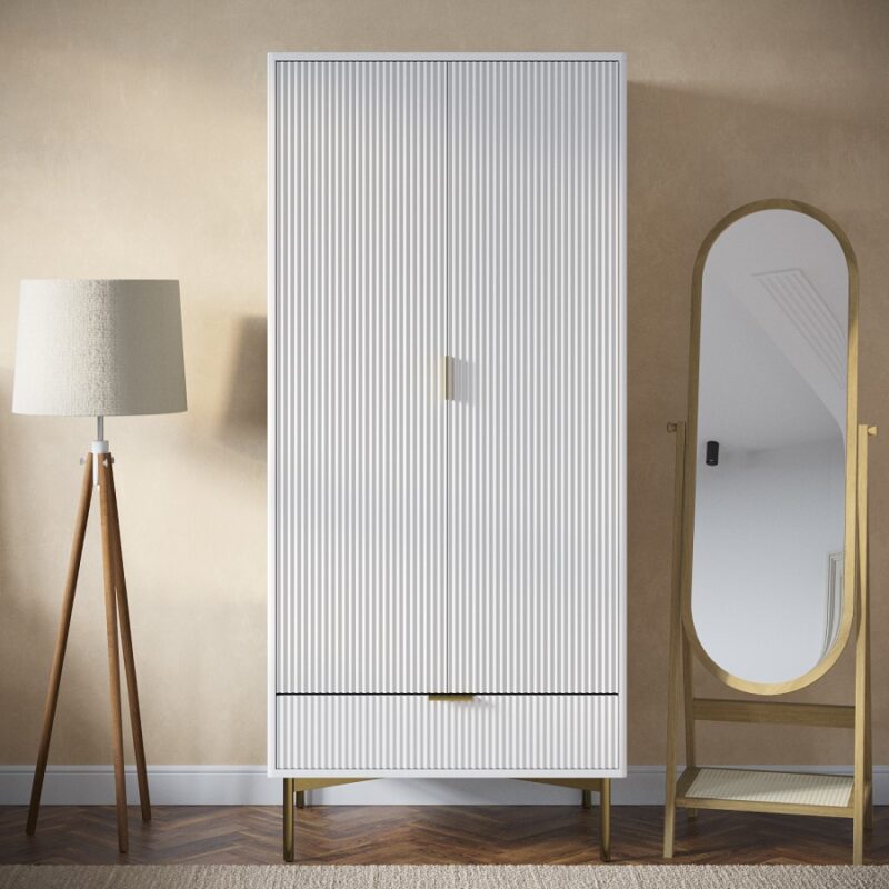 Glossy White Ribbed Double Wardrobe with Drawer