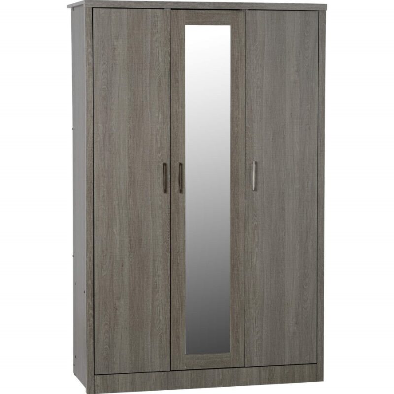 Lisbon by Seconique – Black Rustic Oak Triple Wardrobe with 3 Doors & Mirror