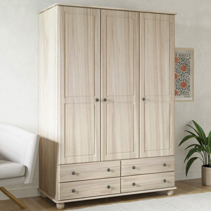 Hampton Triple Wardrobe – Light Wood with Whitewash Finish, 3 Doors & Drawers - Image 4