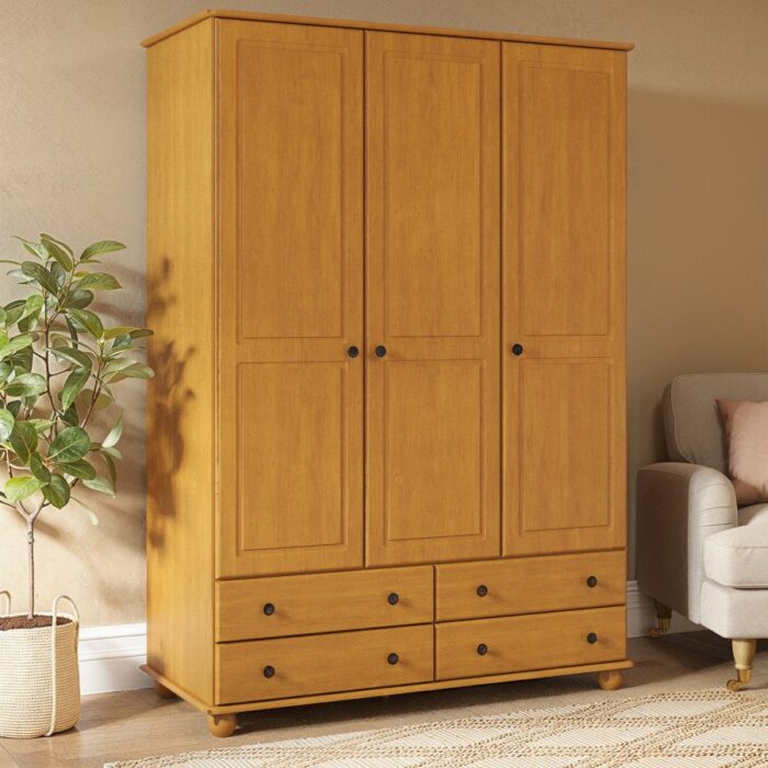 Hampton Pine Triple Wardrobe – 3 Doors with Storage Drawers