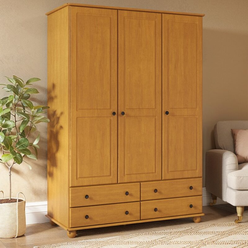 Hampton Pine Triple Wardrobe – 3 Doors with Storage Drawers