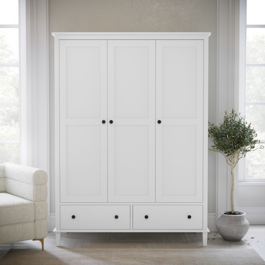 Marlowe White Wooden Triple Wardrobe – 3 Doors with Drawers