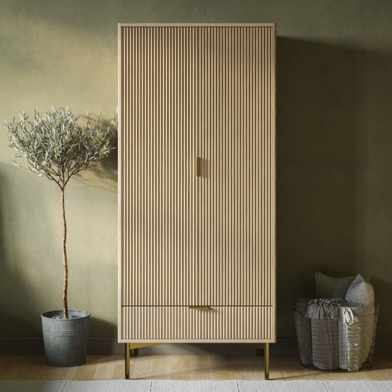 Valencia Oak & Gold Ribbed Double Wardrobe with Drawer