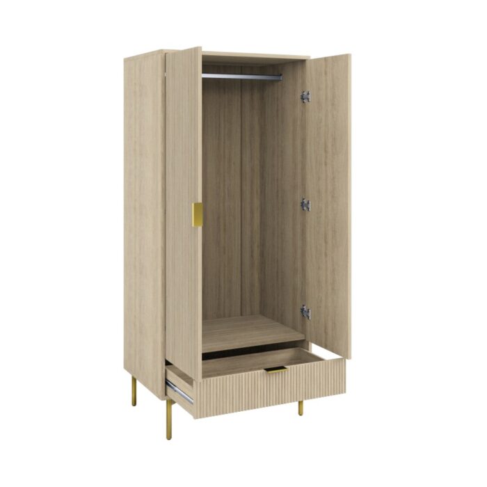 Valencia Oak & Gold Ribbed Double Wardrobe with Drawer - Image 4