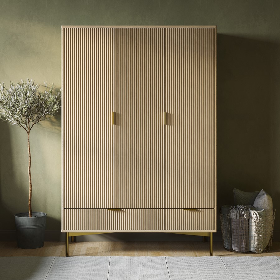 Valencia 3-Door Wardrobe – Oak Finish with Gold Accents & 2 Drawers