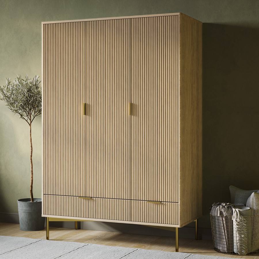 Valencia 3-Door Wardrobe – Oak Finish with Gold Accents & 2 Drawers - Image 5