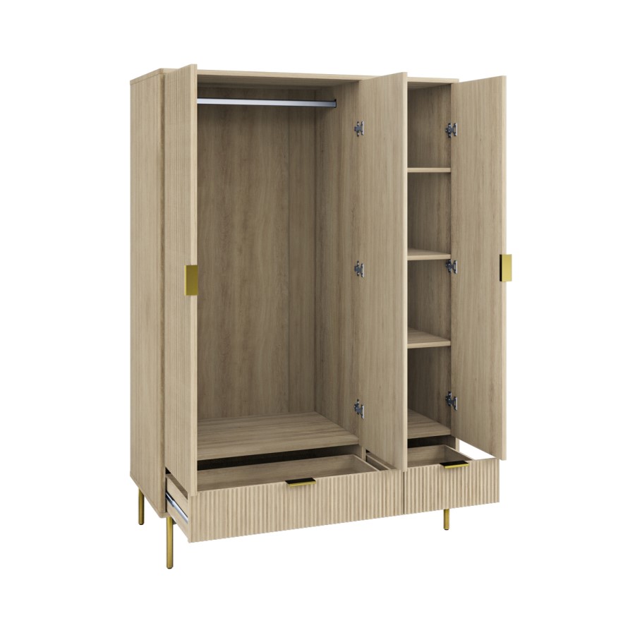 Valencia 3-Door Wardrobe – Oak Finish with Gold Accents & 2 Drawers - Image 3